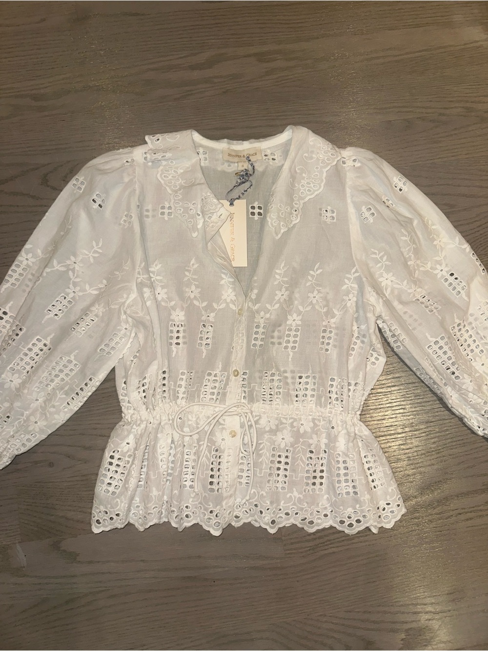 Jennifer & Grace White Eyelet Drawstring Peplum Blouse